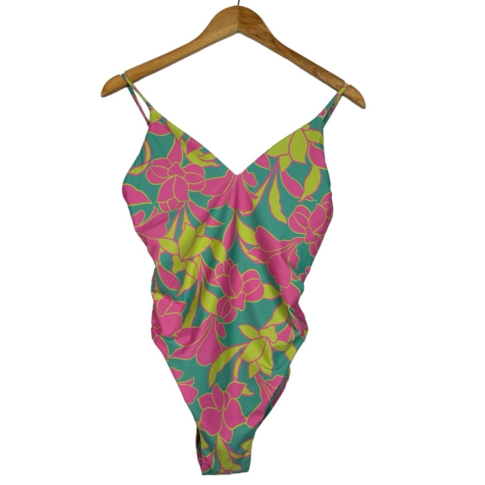 Jolyn "Juana" Blue Pink Floral Swimsuit One Piece Women's Large